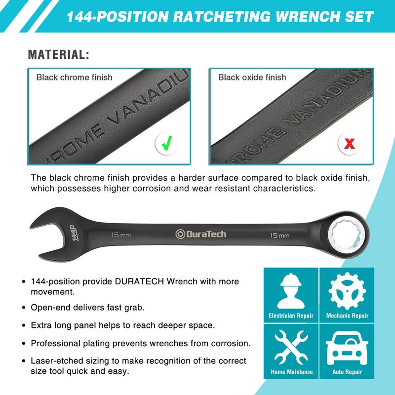 DURATECH Ratcheting Combination Wrench Set, 144-P, Double-Stacked Pawls, 8 Piece, Metric, 8, 10, 11, 12, 13, 14, 15, 17mm, CR-V Steel, Black Chrome Plated, with Organizer Pouch - Image 5